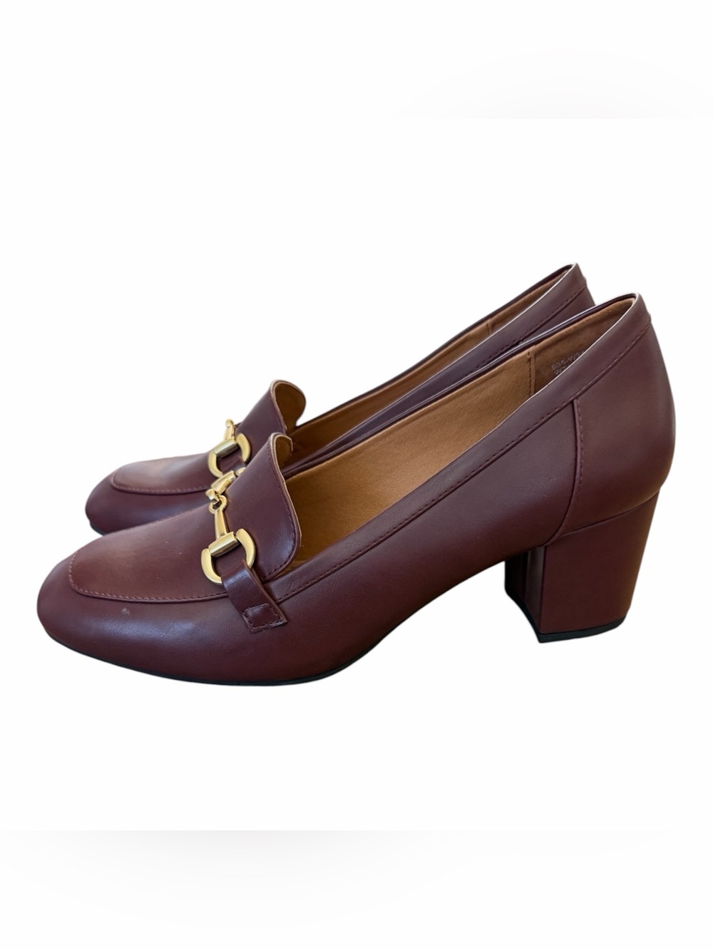 White Mountain Brown Leather Block Heel Loafers with Gold Hardware